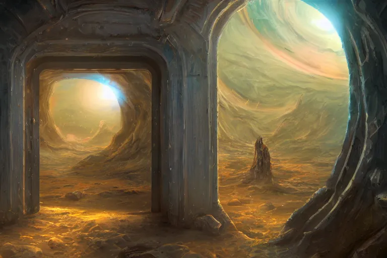 Image similar to A hyperdetailed digital oil painting of A doorway to the galaxy, Trending on ArtStation and DeviantArt