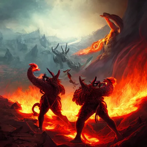 Prompt: three gods emerging from the ashes of a battleground in flames, digital art, high resolution, trending on artstation, Tyson Murphy, Mike Azevedo W- 1024