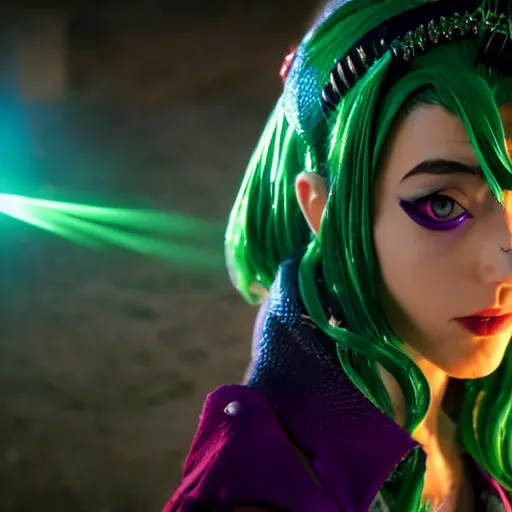 Image similar to cinematic scene with jolyne from jojo's bizarre adventure, live action film, stone ocean, dramatic, small details, volumetric lighting, still frame