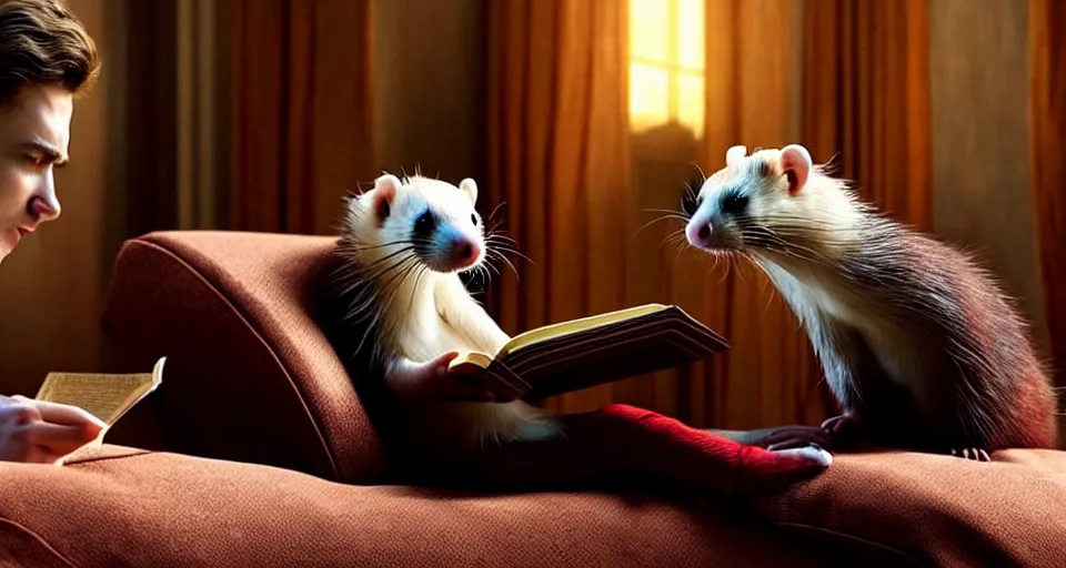 Image similar to An incredibly beautiful scene from a 2022 Marvel film featuring a humanoid ferret reading on a couch. An anthropomorphic ferret person. 8K UHD.