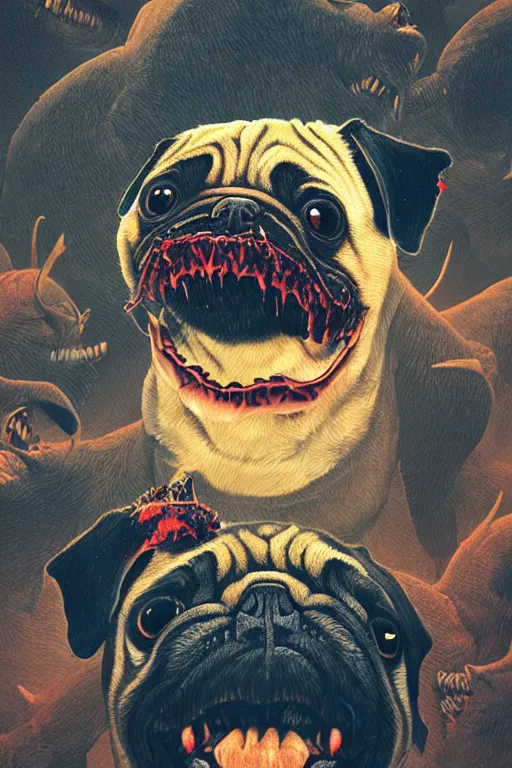 Image similar to demon pug eating flesh. art by mike winkelmann, sticker, illustration, highly detailed,