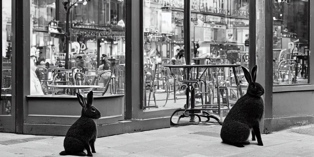 Image similar to a rabbit sitting outside a cafe in paris at night, the eiffel tower is visible in the background, black and white photograph