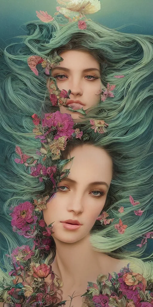 Prompt: surreal fantasy landscape in the hair, beautiful, young woman, extremely detailed gorgeous face, sad eyes tears, vaporwave aesthetic, synthwave, colorful, long luxurious intricate gown digital, flowers, butterflies, birds, painting, artstation, concept art, smooth, sharp focus,high definitition, illustration, art by artgerm and greg rutkowski and alphonse mucha