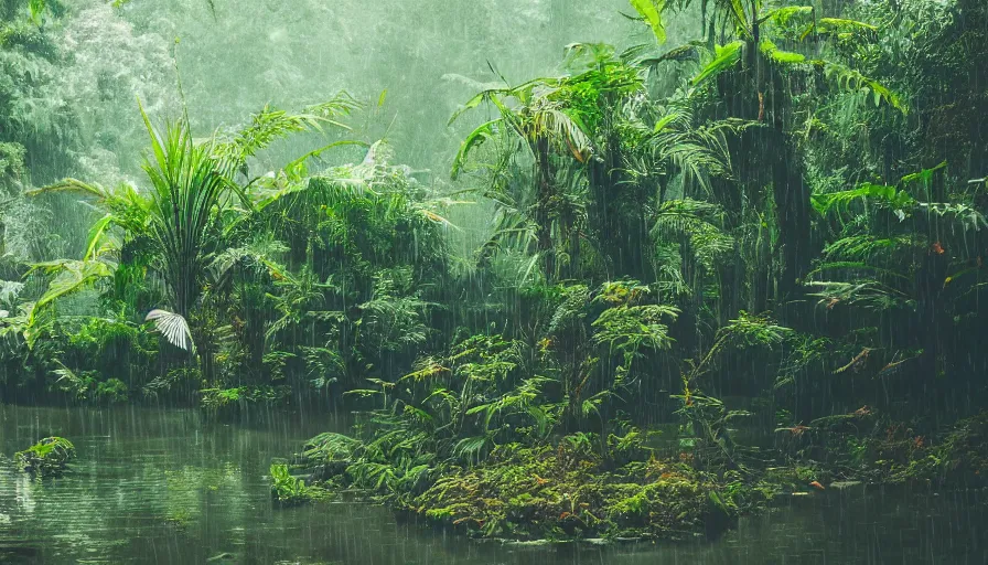 Image similar to a rainy foggy jungle, river with low hanging plants, there is a giant christal in the water, it is glowing, great photography, ambient light