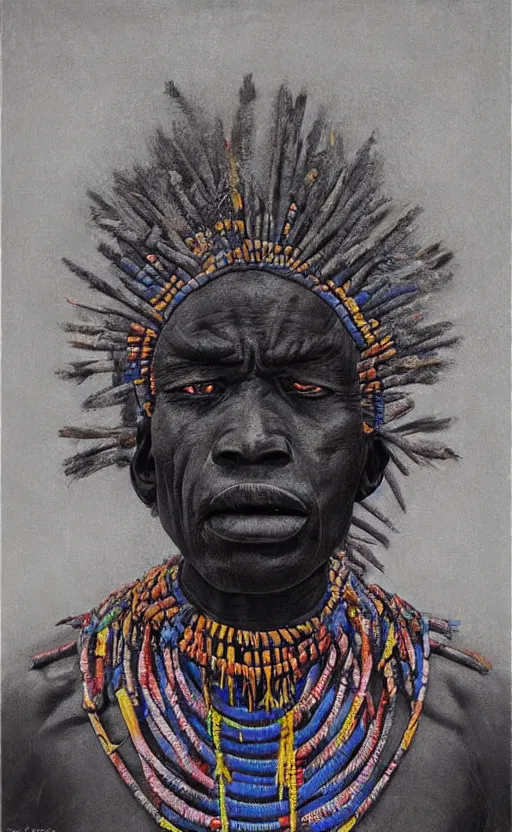 Prompt: portrait of african tribal chief, symmetrical, dramatic lighting, colourful, art by zdzislaw beksinski,