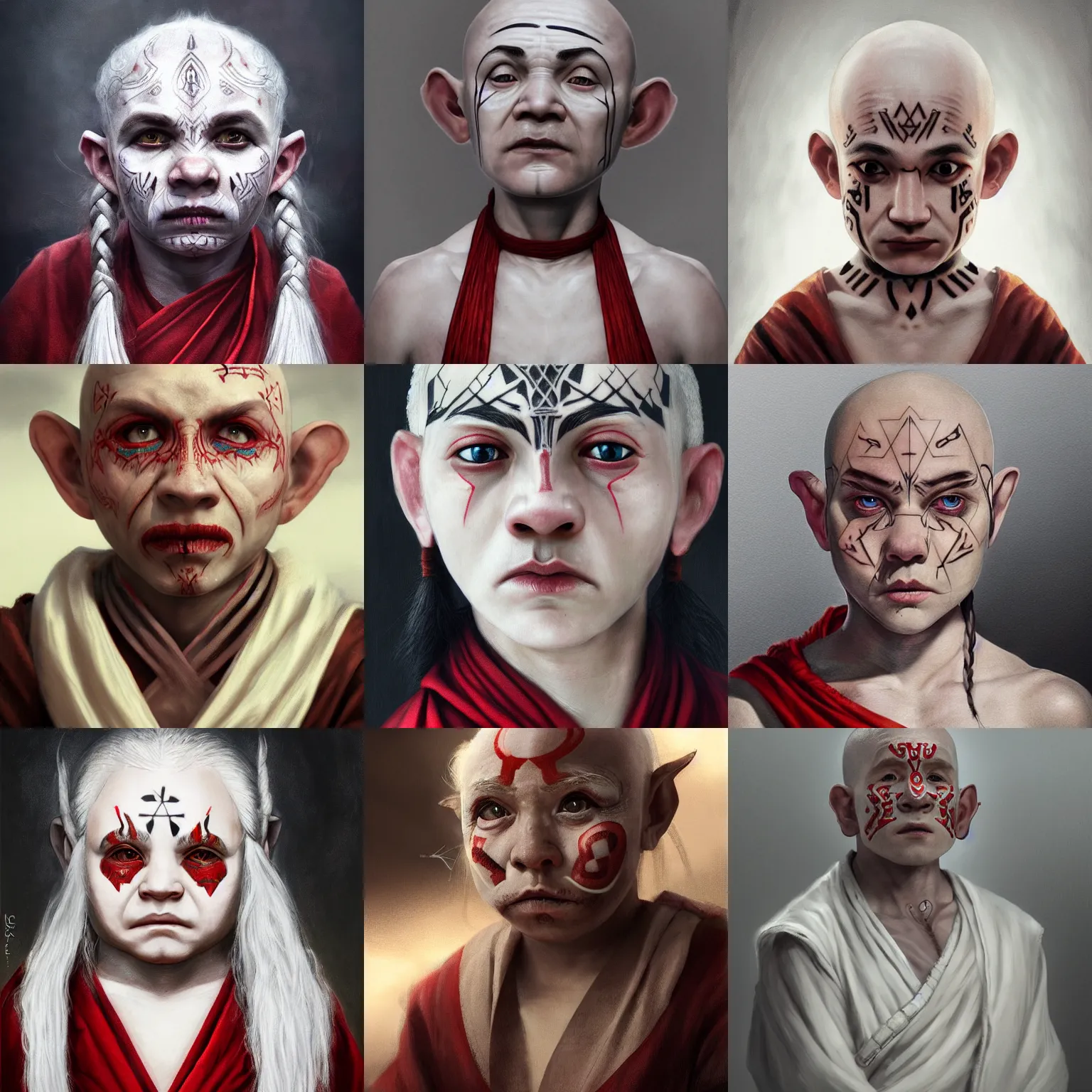 Prompt: halfling with strange geometric facial tattoos, pale white skin, red eyes, wearing a grey monk robe, long white hair!!! with black ribbons braided into it, tired and haunted expression, trending on artstation, low angle oil painting composition laws, cinematic lighting, hyperdetailed, 8 k