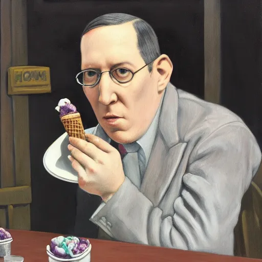 Prompt: howard philips lovecraft consuming an ice cream, realistic painting, award winning