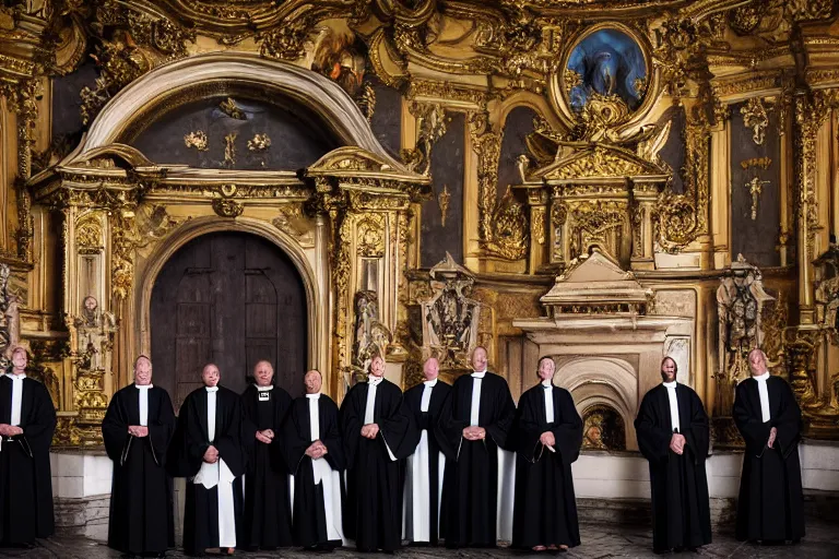 Image similar to photography of circle group of priests in front of a hell portal invoking a lovecraft creature in a baroque intricate church