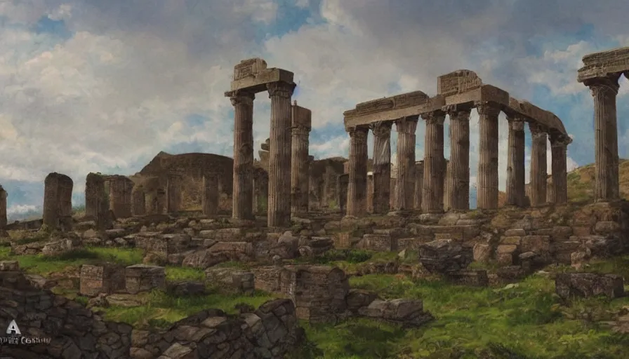 Prompt: a sleeping giant nestled between roman ruins, in the art style of the painter arellius