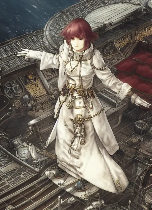 Image similar to character portrait of the white herald on the deck of an imperial airship in the sky, hidari, color page, tankoban, 4K, tone mapping, Akihiko Yoshida.