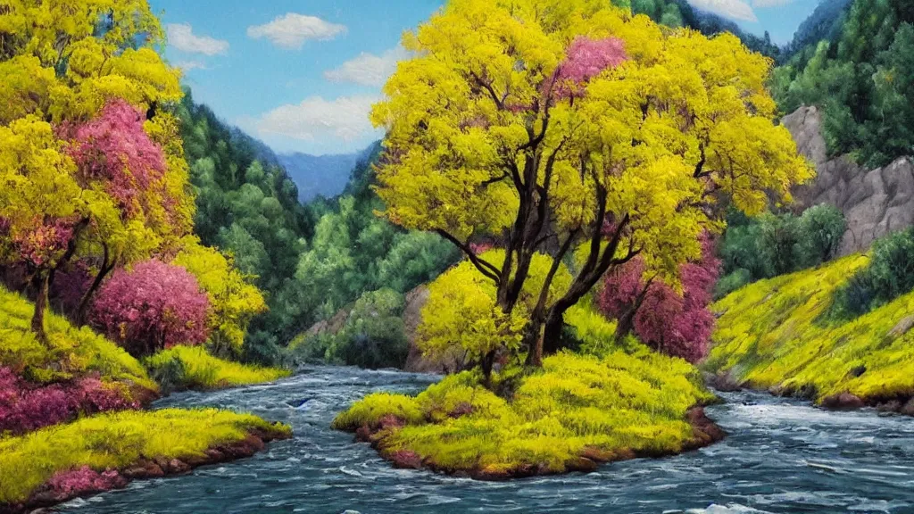 Image similar to A beautiful landscape oil painting of a hill with trees, some people are getting a shower in the river and some others are under the trees, the spring has arrived and the trees are blooming and covered with yellow, pink, purple and red flowers, the river come from the waterfall and is zigzagging and flowing its way, the river has lots of dark grey rocks, by Greg Rutkowski