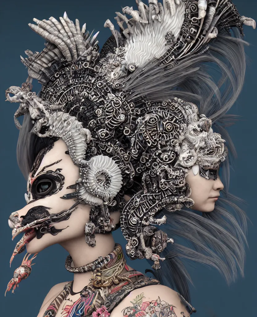 Image similar to 3 d goddess close - up profile portrait punk with mohawk with ram skull. beautiful intricately detailed japanese crow kitsune mask and clasical japanese kimono. betta fish, jellyfish phoenix, bio luminescent, plasma, ice, water, wind, creature, artwork by tooth wu and wlop and beeple and greg rutkowski