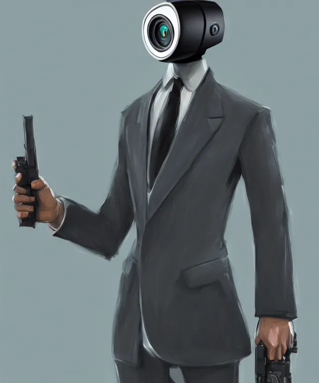 Image similar to a portrait of an anthropomorphic surveillance camera wearing a suit, holding a gun, cyberpunk!, fantasy, elegant, digital painting, artstation, concept art, matte, sharp focus, illustration, art by nick sullo