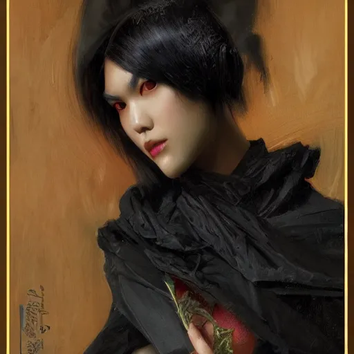 Image similar to detailed cinematic wide shot of beautiful attractive tao okamoto asian vampire woman wearing black bath robe slim face symettrical face clean skin black eyes black robe smooth, sharp focus, ultra realistic, spring light, painting by gaston bussiere, craig mullins, j. c. leyendecker