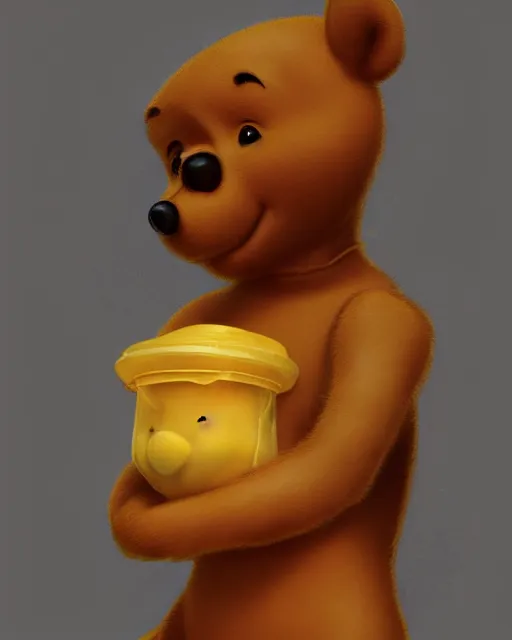 Image similar to beautiful winnie the pooh as honey, made of honey, wearing honey - themed miniskirt, award winning creature portrait photography, extremely detailed, artstation, 8 k, sensual lighting, incredible art, wlop, artgerm, backlit, rim lighting