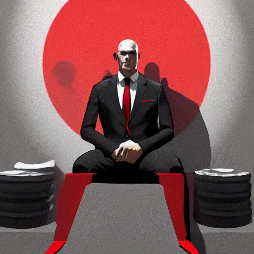 Image similar to a portrait of agent 4 7 from hitman wearing headphones, sitting in a room full of vinyl records, dark background, red rim light, highly detailed, digital art, artstation, concept art, smooth, sharp focus, greg rutkowski, wlop