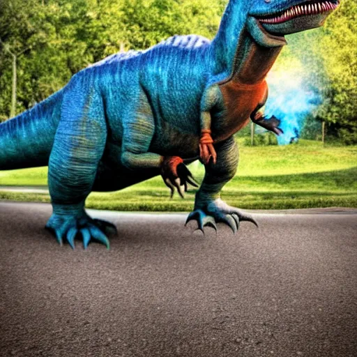 Image similar to a realistic photo of a dinosaur standing on two legs smoking a cigarette in their mouth hdr professional shot, full body