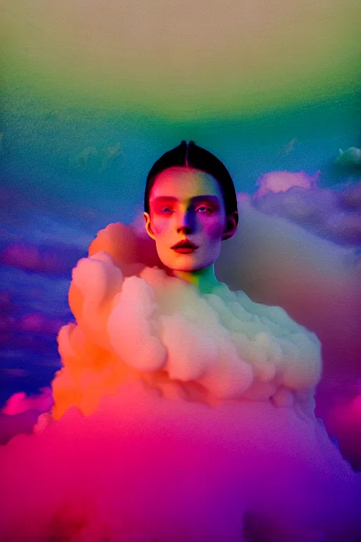 Image similar to high quality pastel coloured film close up wide angle photograph of a model wearing clothing resting on cloud furniture in a icelandic black rock!! environment in a partially haze filled dreamstate world. three point light, rainbow. photographic production. art directed. pastel colours. volumetric clouds. pastel gradient overlay. waves glitch artefacts. extreme facial clarity. 8 k. filmic.