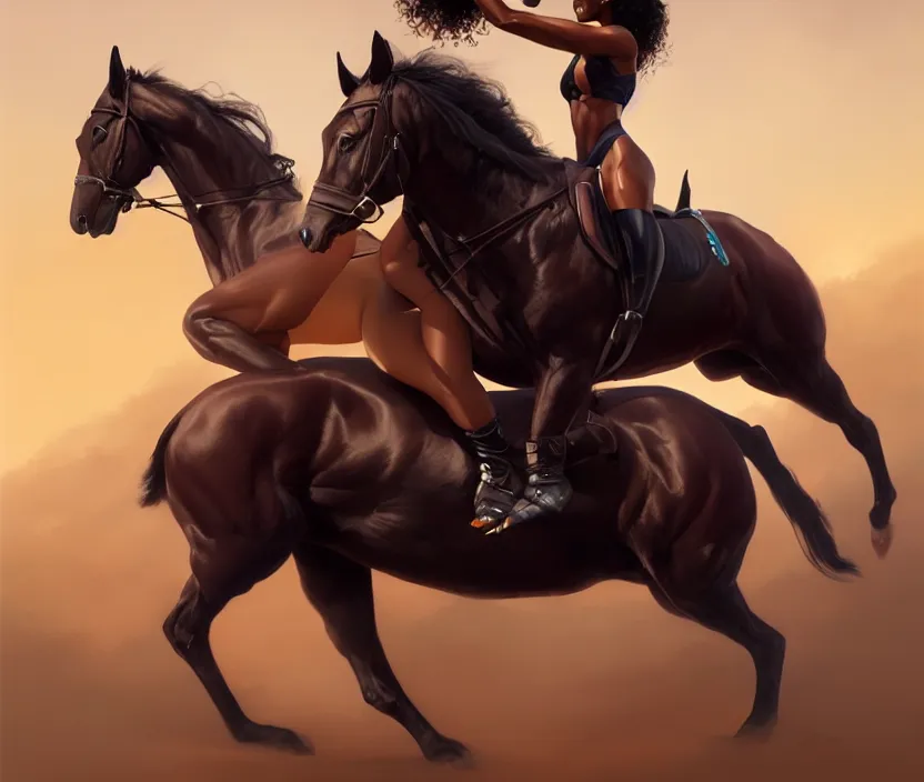 Prompt: full body portrait of beautiful black woman riding a thoroughbred, cinematic, highly detailed, digital painting, artstation, concept art, smooth, sharp focus, illustration, face by wlop, illustrated by mars ravelo and greg rutkowski