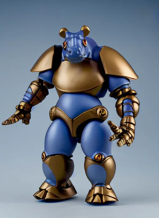 Prompt: Anthropmorphic hippo knight action figure from Micronauts, MOTU, symmetrical details, by Hasbro, Playmates Toys, Don Bluth, tfwiki.net photography, product photography, official media