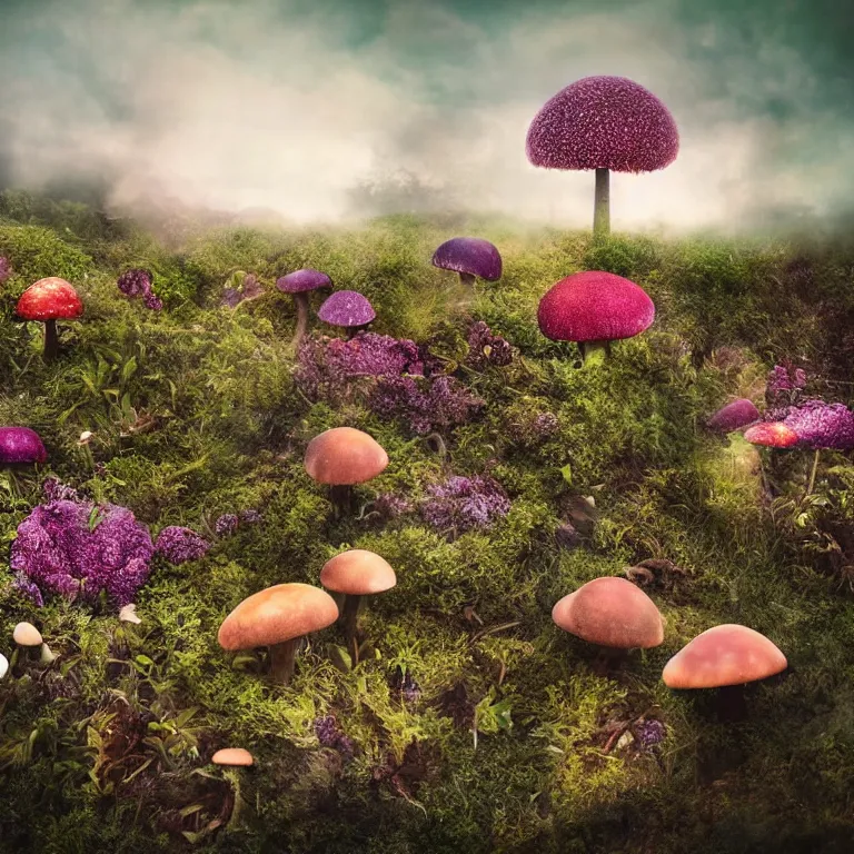 Image similar to a planet of various fungus, mushrooms, flowers and plants, inside the picture is infinity, Atmospheric, artistic photography, conceptual, long exposure outside the city, volumetric light