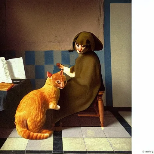 Image similar to cat on keyboard tragedy in the style of johannas vermeer