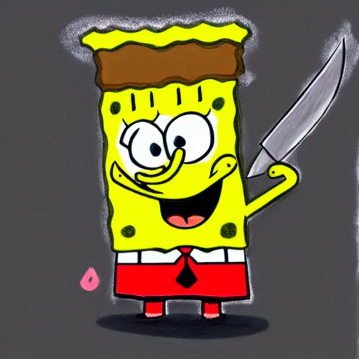 Image similar to sketchy crayon drawing of spongebob squarepants holding a kitchen knife