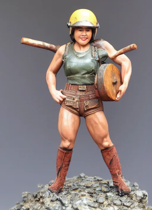 Prompt: 80mm resin detailed miniature of a very Muscular miner woman, sleeveless tops, helmet, stomach, navel, boots, Logo, textured base; Product Introduction Photos, 4K, view from front