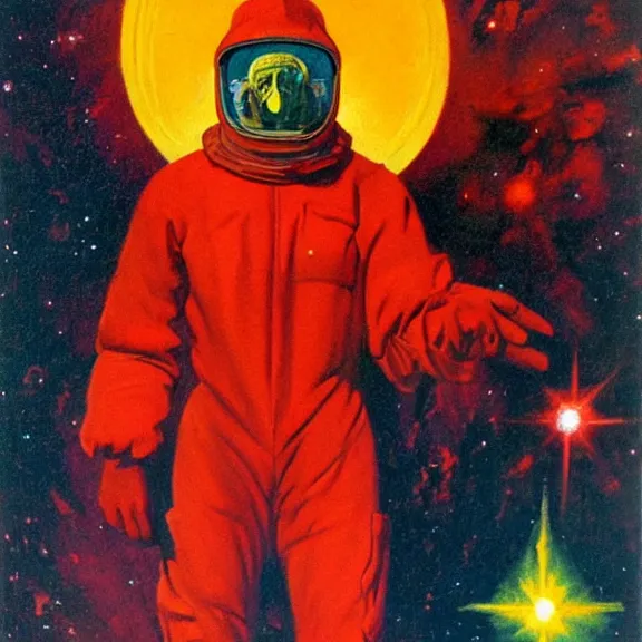 Prompt: scientist wearing a red hazmat suits reaching towards a giant diamond polyhedron hovering above with a nebula sky background by frank frazetta