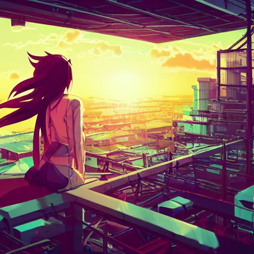 Prompt: android mechanical cyborg anime girl overlooking overcrowded urban dystopia. long flowing soft hair. scaffolding. pastel pink clouds baby blue sky. gigantic future city. raining. makoto shinkai. wide angle. distant shot. polygonal. High contrast. Heavy highlights. sunset. green sunset. ocean sunset reflection