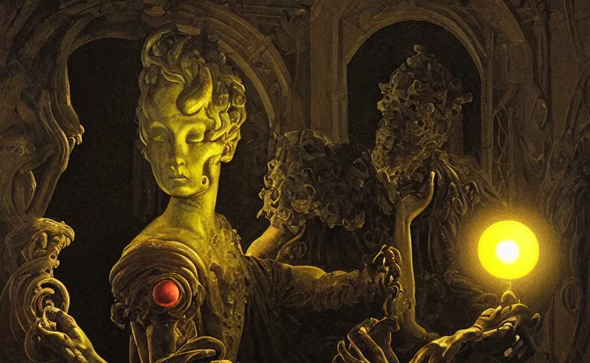 Prompt: a baroque neoclassicist portrait of an abstract sculpture holding a dimly glowing orb in a colorful moonlit courtyard at night. reflective textures. glowing fog. highly detailed fantasy science fiction painting by moebius, norman rockwell, frank frazetta, and syd mead. rich colors, high contrast, gloomy atmosphere, dark background. artstation