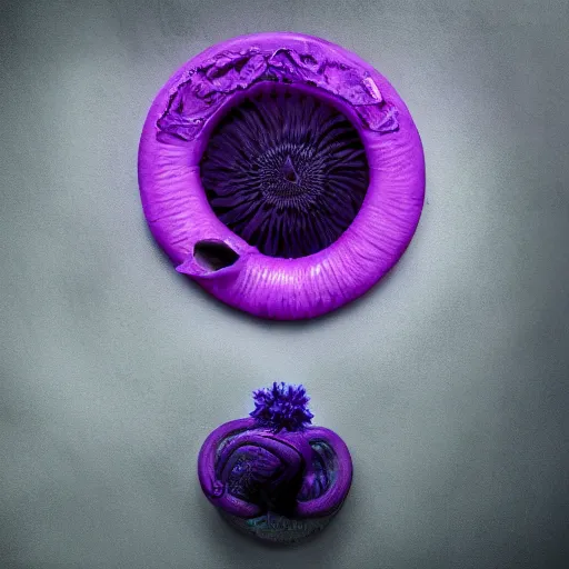 Image similar to Deep imprint flower core, our ouroborous devours it's tail by Rick Baker, black, neon purple, Hyperreal, Photographed in the Style of Annie Leibovitz, Studio Lighting