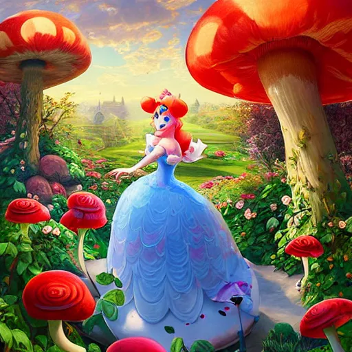 Prompt: portrait of princess peach from Mario, running up a hill of exotic flowers in the Mushroom Kingdom, giant red and white spotted mushrooms, and roses, from behind, Castle in distance, birds in the sky, sunlight and rays of light shining through trees, beautiful, solarpunk!!!, highly detailed, digital painting by Michael Garmash and Peter Mohrbacher