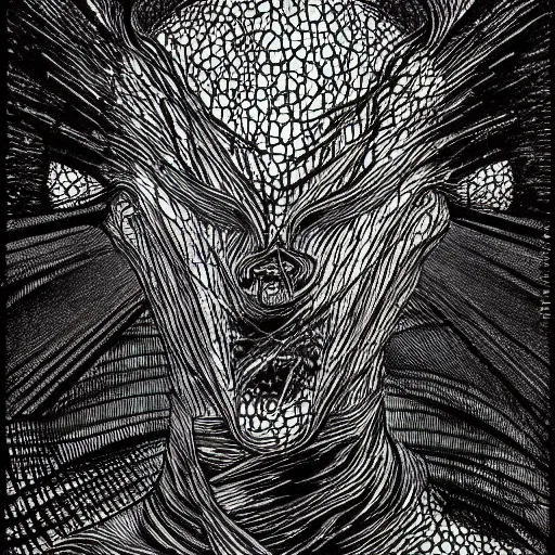 Prompt: a demonic entity, abstract, ryuta ueda artwork, ink, spots, asymmetry, lines, pointillism, crosshatching, linework, pitch bending, dark, ominous, eerie, detailed, technical, tight
