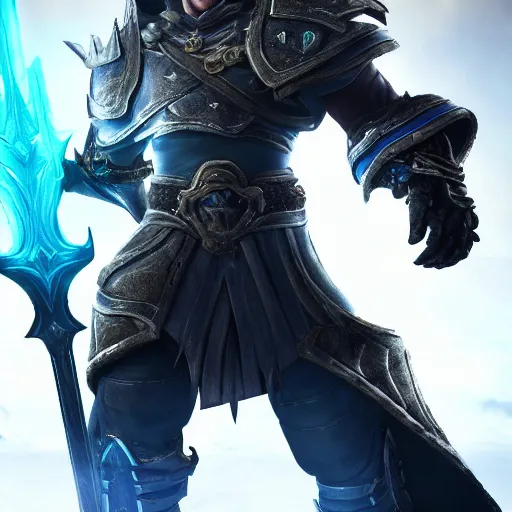 Image similar to 4 k unreal engine render of garen wearing lich king's armor ultra details digital art