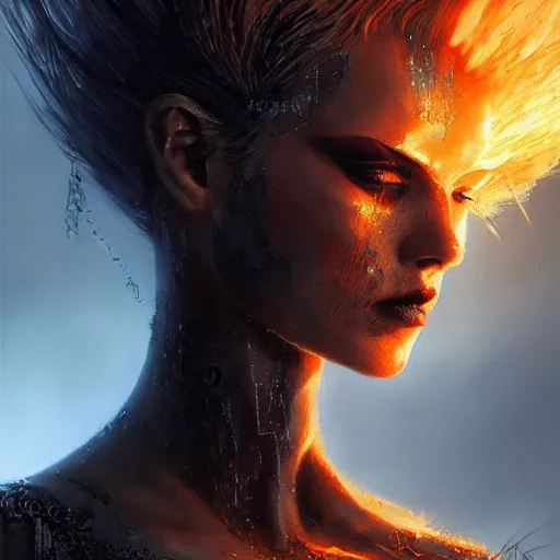 Image similar to kerli koiv as a fire genasi, flaming hair, darkwave, darksynth, concept headshot art, sharp, digital matte painting, art by luis royo, greg rutkowski, wlop, dramatic lighting, trending on artstation