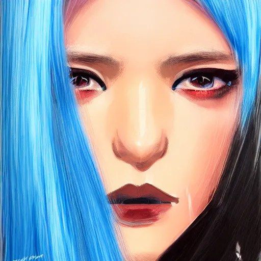 Prompt: full face shot of rimuru tempest, sky blue straight hair, long bangs, with amber eyes, wearing a fancy black jacket, high collar, ultra detailed, brush strokes, digital painting, cinematic, wlop artstation, closeup, pixiv, intense, intimidating glare, photorealistic, overpowering, andy warhol,