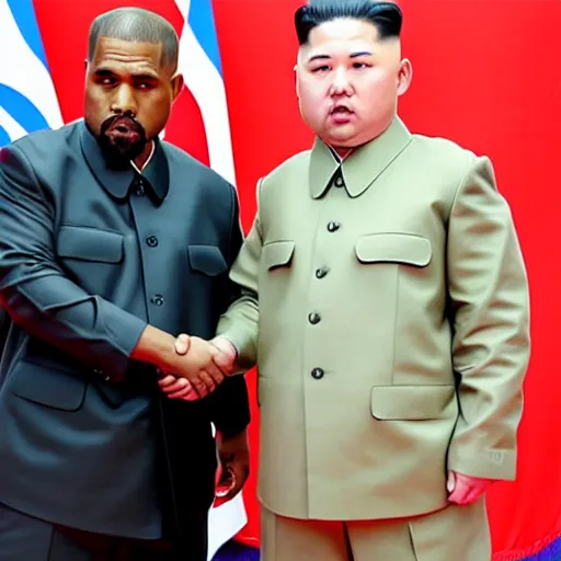Image similar to picture of kanye west meeting kim jong un, both laughing