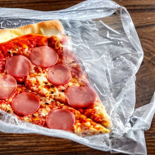 Image similar to a slice of pizza in a sealed plastic bag