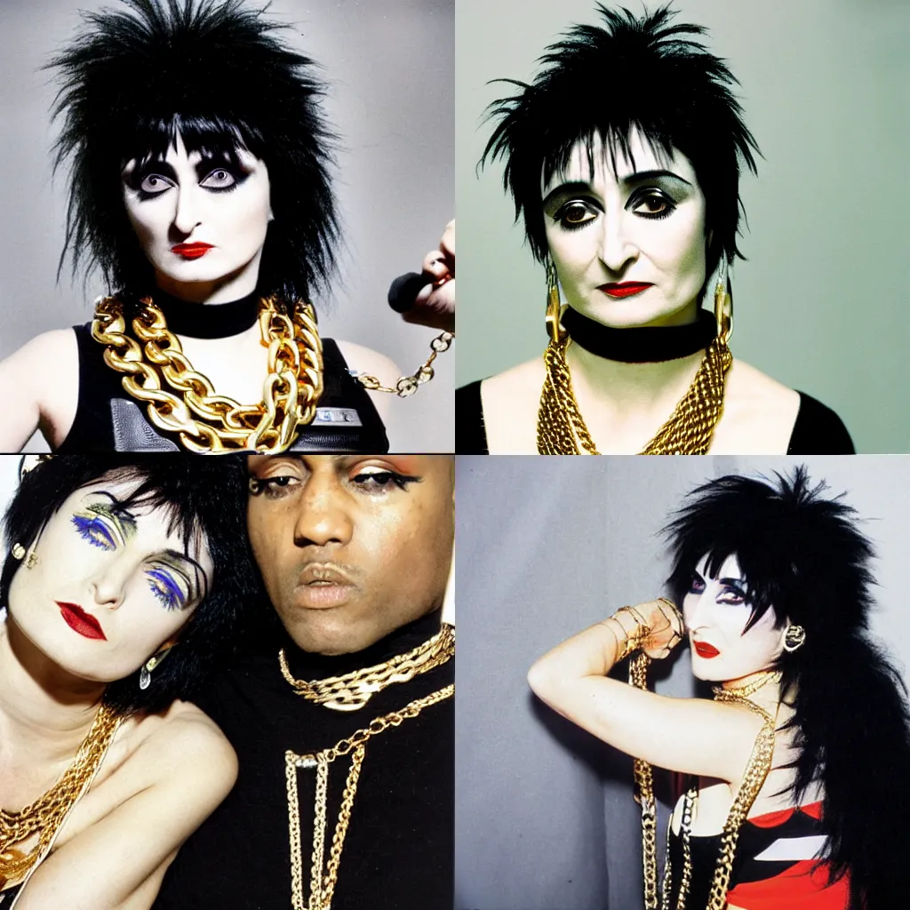 Prompt: siouxsie sioux as a rapper in the 90s, backwards cap and gold chains, rap album