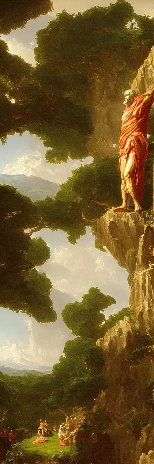 Prompt: a thomas cole naturalist style painting of zeus in a toga sitting atop mount olympus with enormous columns on either side