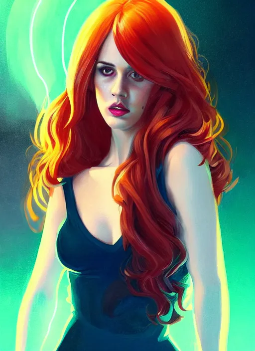 Image similar to full body portrait of teenage cheryl blossom, bangs, green eyes, sultry expression, red hair, sultry smirk, bangs and wavy hair, big bangs, intricate, elegant, glowing lights, highly detailed, digital painting, artstation, concept art, smooth, sharp focus, illustration, art by wlop, mars ravelo and greg rutkowski