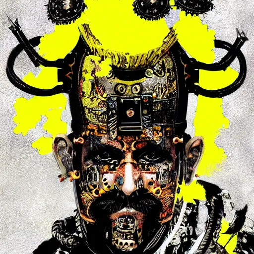 Prompt: close up portrait of old samurai, goth punk, vibrant yellow colors, surreal, french baroque style by alexander mcqueen, hyper detailed, cinematic, art by bill sienkiewicz