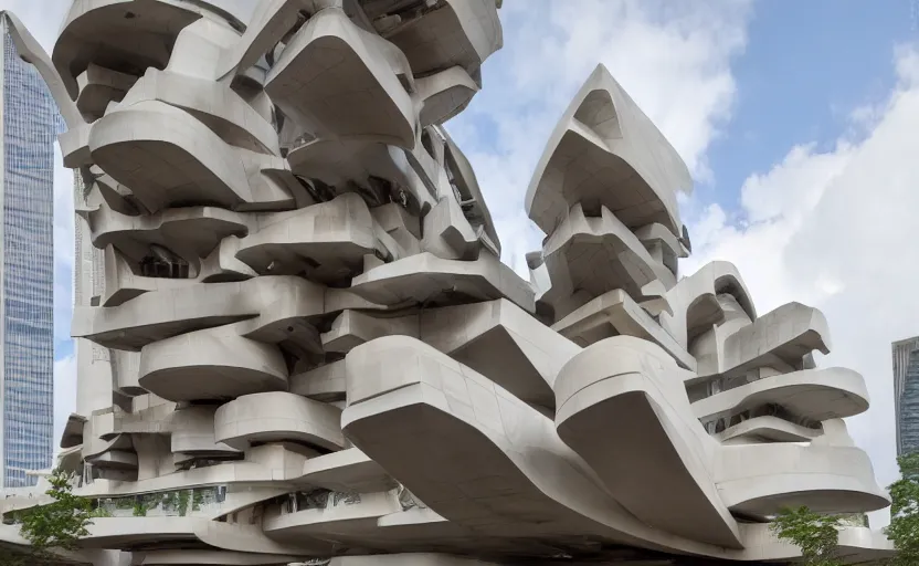Prompt: a futuristic architectural masterpiece by frank Lloyd wright and Zaha hadid, detailed