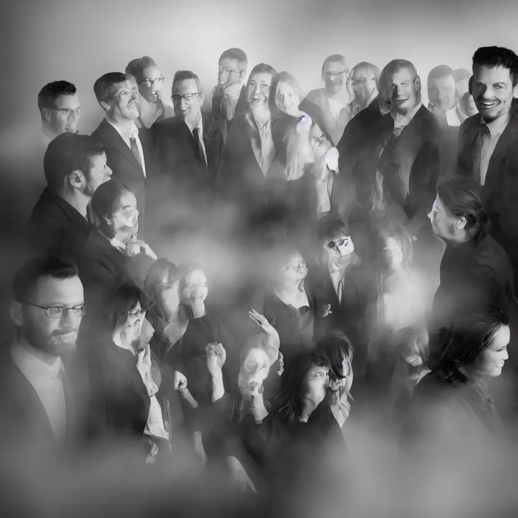 Prompt: A group of men and women meet in a dark and foggy reunion office, corporate portrait, sigma 85mm, f 1/4