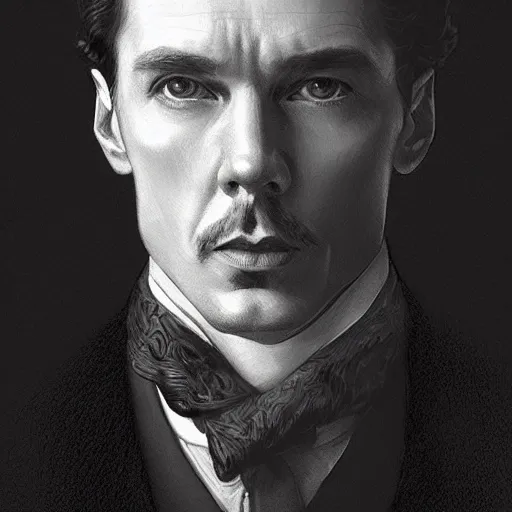 Prompt: portrait of Sherlock Holmes, elegant, intricate, headshot, highly detailed, digital painting,black and white, artstation, concept art, sharp focus, illustration, art by artgerm and greg rutkowski and alphonse mucha