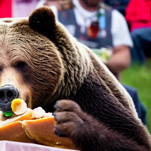 Prompt: a grizzly bear eating hotdogs at a competitive eating contest. sigma 8 5 mm f / 8