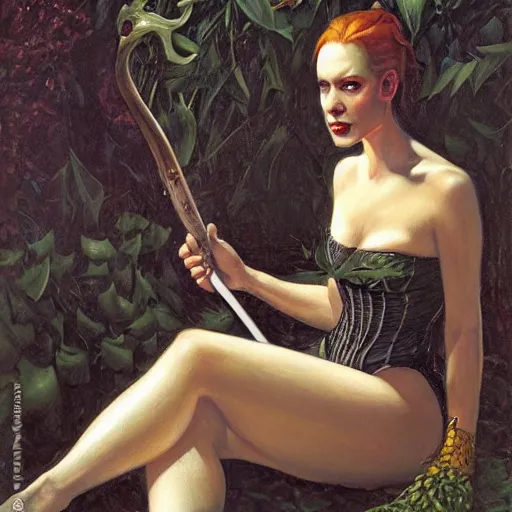 Prompt: portrait of a roaring pale woman with a garden weapon, by Gerald Brom