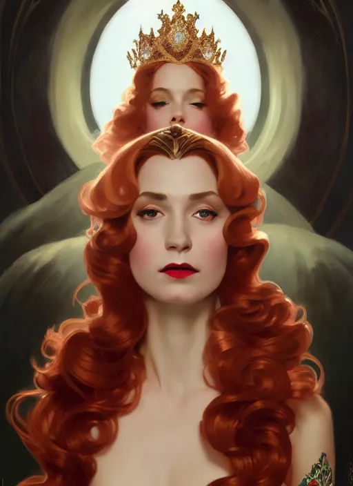 Image similar to ombre velvet gown, face by leyendecker, lovely queen, portrait, long red hair, small crown, dozens of jeweled necklaces, feral languid woman, by greg rutkowski, anato finnstark, alphonse mucha, global illumination, radiant light