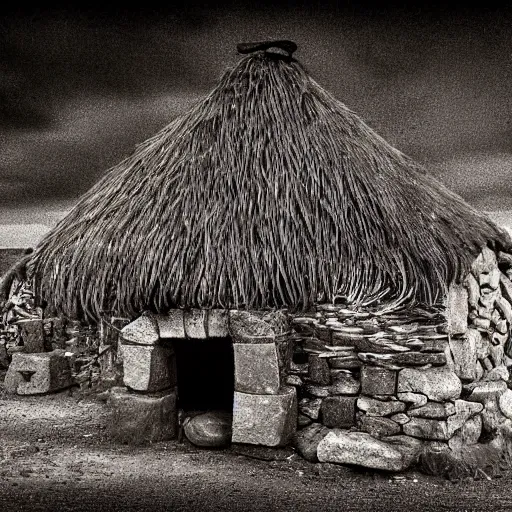 Prompt: ancient scottish blackhouse designed by constantin brodzki., fujinon premista 1 9, 4 5 mm